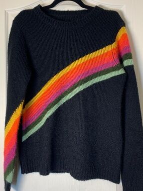 Rainbow Stripe Knit Sweater Black Colorful Statement Cozy Top M